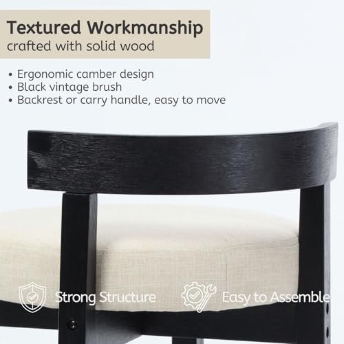 Image of LukeAlon Mid Century Linen Counter Stools Set of 6, Upholstered 26.5 inch Seat Height Low Barstools with Black Wood Legs Round Low Back Kitchen Stools with Footrest for Dining Room Restaurant, Beige