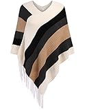 IN'VOLAND Women's Shawl Wraps Knitted Shawl with Fringed Capelet V-Neck Striped Poncho Sweater Pullover Cape for Women