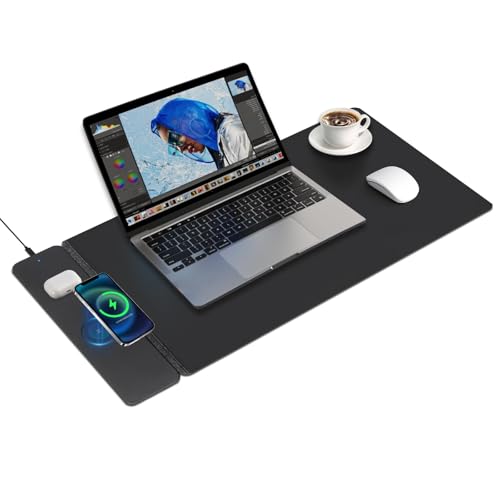 Wireless Charging Mouse Pad,Dual Fast Charger, Reversible Felt & PU
