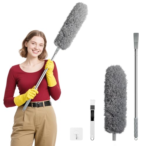 Zikenis Staubwedel Teleskop Waschbar,Staubwischer Mikrofaser mit Edelstahl Teleskop Stange,Staubwischer lang ausziehbar bis 2,45m,für Decken Spinnweben Reinigung,Grau