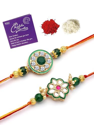 Image of Sukkhi Rakhi Beautiful Floral Design Purple Meenakari Work with AD Stones & Pearls Combo Rakhi for Brother with Roli Chawal & Greeting Card|Quirky Rakshabandhan Rakhi for Bhaiya|Set of 2