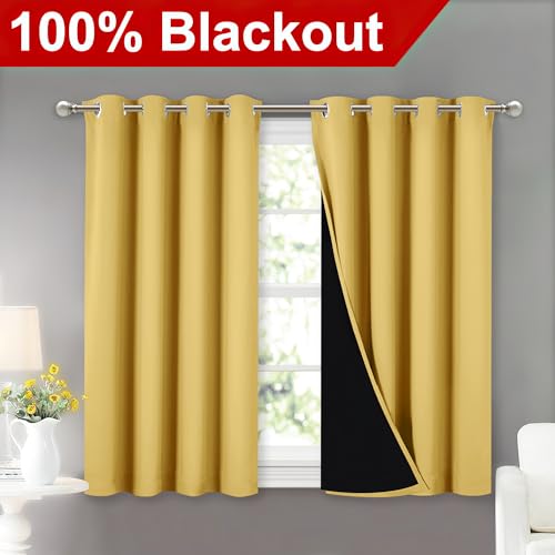 Image of NICETOWN 100% Blackout Curtains with Black Liners, Thermal Insulated Full Blackout 2-Layer Lined Drapes, Energy Efficiency Window Drapes for Dining Room (Bright Yellow, 2 Panels, 52 inch W by 45 inch L)
