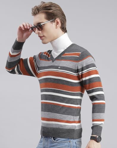 Image of Monte Carlo Royal Blue Striped V Neck Pullover | Warm Woolen Pullover for Men | Soft Comfortable Knitted Winter Wear Sweater for Men's