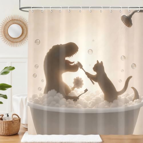 Image of Funny Cat Dinosaur Shower Curtain Cute Fun Cat Help Dino Bathe for Kids Boys Trex Silhouette Shower Curtains Unique Whimsical Bathroom Waterproof Polyester Fabric 72Lx72W Inch with Hooks