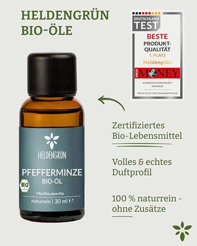 Heldengrün® BIO Pfefferminzöl [100% NATURREIN] - Reines Pfefferminzöl zum Verzehr - Frisch, belebend & klar - Minzöl aus Griechenland - Peppermint Oil