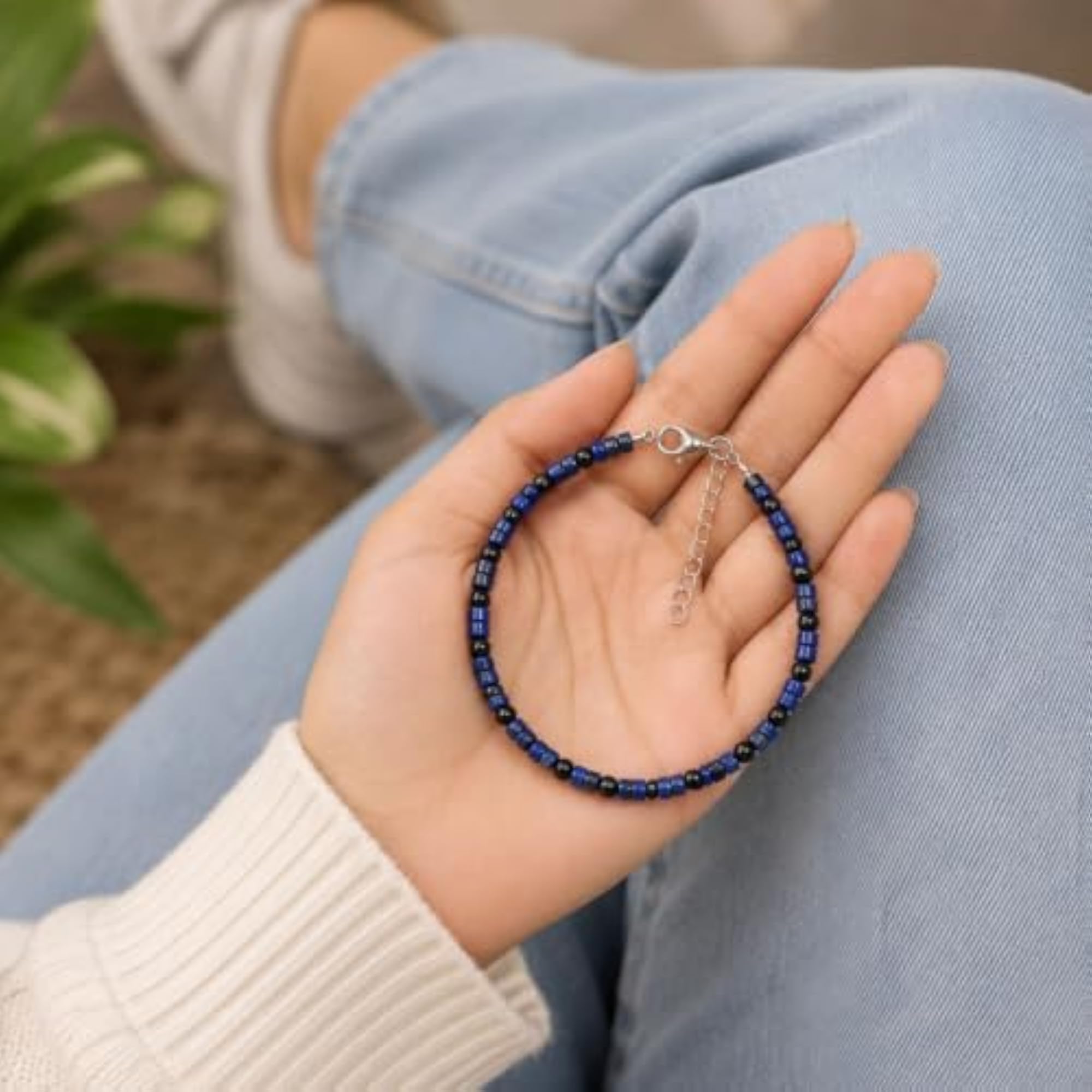 Black Obsidian & Lapis Lazuli Beaded Anklet with Adjustable Chain