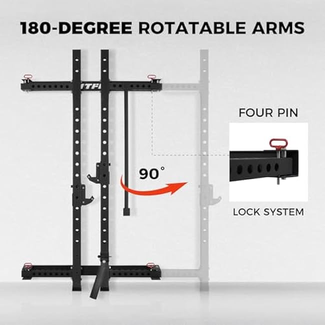 RitFit Multi-Functional Folding Squat Rack for Home Gym, 2.36'' x 2.36'' Wall Mounted Squat Rack with Attachments - Space Saving Squat Power Rack