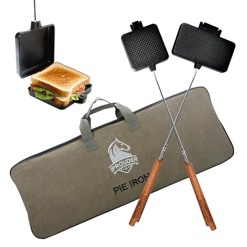 Image of Campfire Pie Iron 4.9 inch & 8.6 inch Large Cast Iron Sandwich Maker for Camping 2 Pcs with Storage Bag - 22.6 inch Thickened Handles - Campfire Cooking Equipment for Grilling & Outdoor Cooking