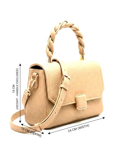 Image of Women's Sling Handbag with Braided Top Handle, Beige Leather, Adjustable Strap, Gold Hardware, Medium Size