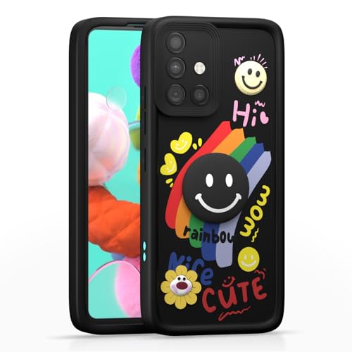 Image of Pikkme Back Cover for Samsung Galaxy A51 | Soft Silicone| Cute Rainbow Smile & 3D Cartoon Flower Design | Shockproof Raised Camera Protection Bumper Case (Black)