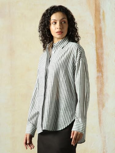 Image of HIGH Star Oversized Striped Cotton Shirt for Women | Stylish Tops for Women | Comfortable and Trendy Casual Shirt