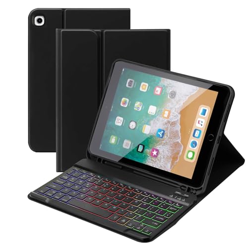 ZAULER for iPad 9.7 inch 6th 2018, 5th Gen. 2017, Air 2 2014 Released Case with Keyboard - 7 Colors Backlit Wireless Detachable Folio Keyboard Cover with Pencil Holder