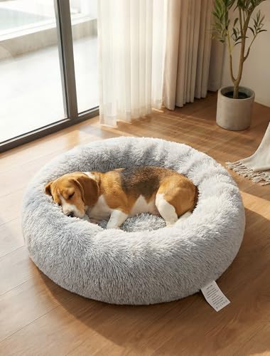 OKPOW Rundes Wolke 7 Hundebett - Waschbar Welpenbett Fuer Kleine Hunde - Flauschig Anti Angst Katzenbett Comfy - Donut Kuscheliges Haustierbett Plüsch
