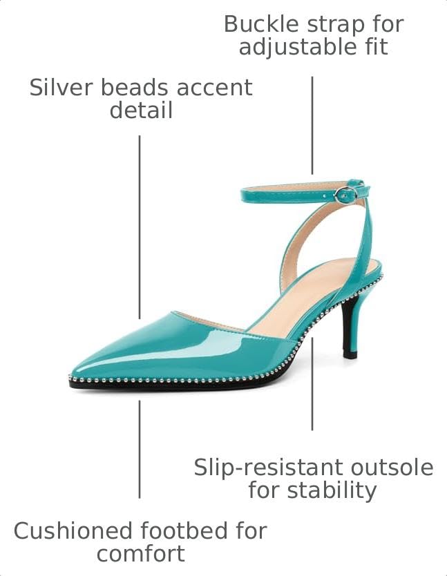 Image of SAMMITOP Kitten Heels for Women Low Heel Closed Toe Ankle Strap Pumps Wedding Party Beaded Dress Shoes 2.4 Inch