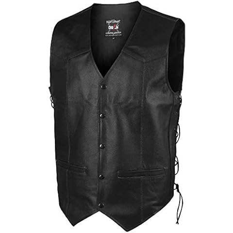 DEFY Leather Motorcycle Vests for Men - Genuine Leather Biker Vest with Side Laces, Concealed Carry Pockets, and Snap Buttons - Classic Club Style Black Leather Vest (Medium, Black) Cover