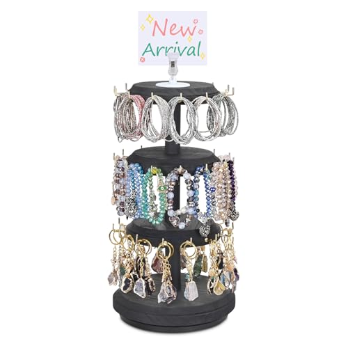 MOOCA 3 Tier Wooden Bracelet Holder, Jewelry Display Stand, Rotating Bracelet Display, With 42 Hooks, Black Color, 7.9