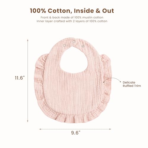 Image of Konssy 3-Pack Muslin Baby Girl Bibs, 100% Cotton with Ruffle Trim | Ultra Soft & Absorbent, Baby Essentials for Drooling and Teething, for Newborn, Infant & Toddler 0-36 Months