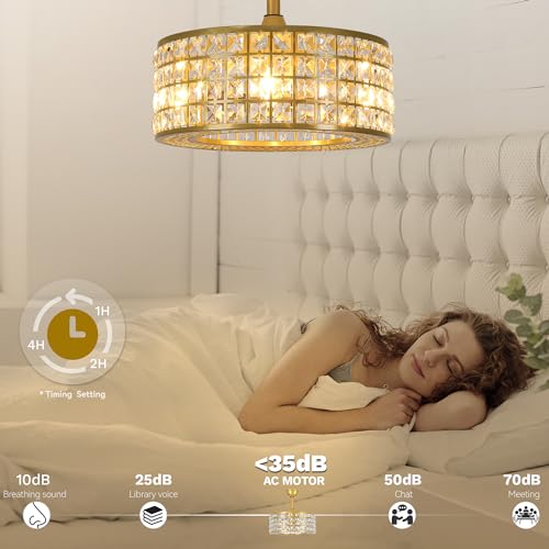 DWVO 18" Crystal Caged Ceiling Fan with Light, Modern Industrial Chandelier with Remote, 3 Speed & 3 Color Temperatures, Reversible Blades for Bedroom, Living Room - Gold