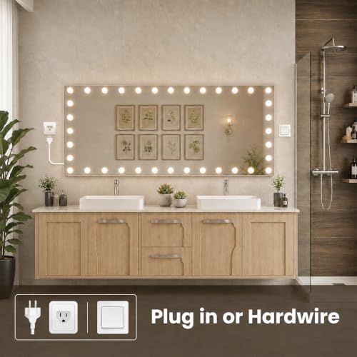 Image of WTTY 96 inchx36 inch Hollywood Vanity Mirror with Lights, Wall-Mounted Makeup Mirror with 3 Color Temperatures, Stepless Dimmable Bulbs, Anti-Fog & Shatter-Proof