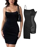 Popilush Black Cocktail Dress with Built in Shapewear Spaghetti Strap Mesh Ruched Mini Dress for Party Club