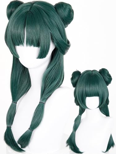 Image of Half and Half Maomao Cosplay Wig with Double Buns & Bangs, 19'' Long Dark Green Anime Ponytails Wigs Pigtail Hair Wig for Women Halloween Party Daily