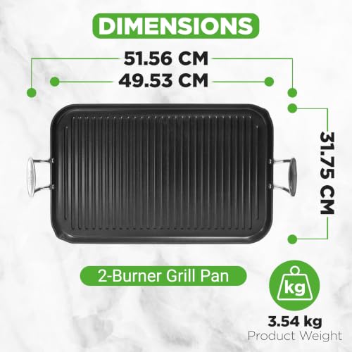 NutriChef Stove Top Griddle Pan - Double Burner, Hard-Anodized Non Stick Grill & Griddle Pan, 50.8 x 33 cm, Black, 20" x 13" - Image 2
