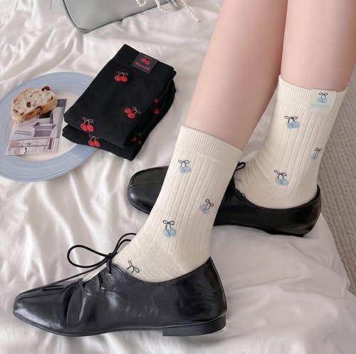 Image of Women's Cute Crew Socks, Casual Athletic Cotton Bowknot Cherry Calf Novelty Socks for Women