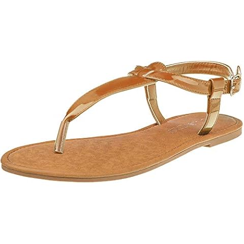 CLOVERLY Women's T Strap Thong Gladiator Strappy Jelly Shiny Flat Flip Flops Sandals (11, Cognac) Cover