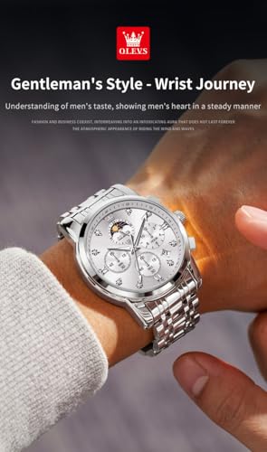 Image of OLEVS Chronograph Watches for Men Original Analog Quartz Black Stainless Steel Chain Luxury Dual Time Zone Moon Phase Date Waterproof Men's Wrist Watch