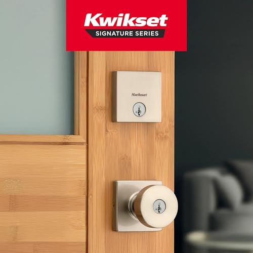 Image of Kwikset Pismo Square Front Door Lock Handle and Deadbolt Set, Entry Exterior with Interior Door Knob, Satin Nickel, Project Pack, Pick Resistant SmartKey Rekey Deadbolt Security