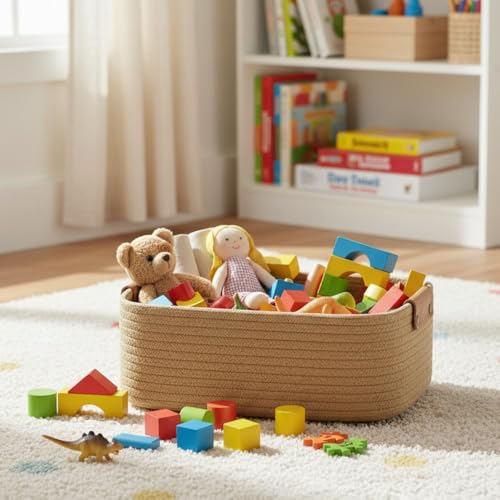 Image of [Pack of 1-12x8x5 inch, Rectangle, Beige] Handwoven Soft Jute Cotton Basket | Eco-Friendly Shelf Baskets, Naturally Reshapes After Filling | Ideal for Storage, Organization & Gift Hampers