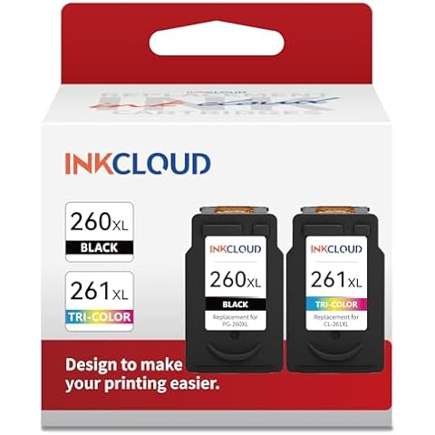 INKCLOUD Compatible Ink Cartridges Replacement for Canon PG-260 XL CL-261 XL 260XL 261XL Combo Pack for Canon TS5320 TS6420 TR7020 All in One Wireless Printer (1 Black,1 Tri-Color, 2Pack) Cover