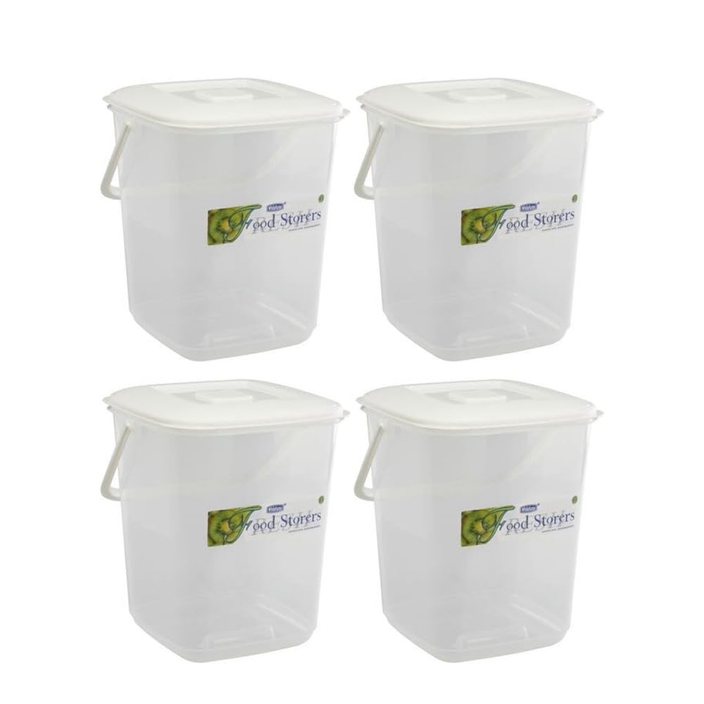 shopior 10L Durable Clear Plastic Food Storage Canister with Handle & Airtight Lid – Large Kitchen Container | Multipurpose for Flour, Rice, Cereal, Biscuits, Pet Food, Flour & Baking (Pack of 4)