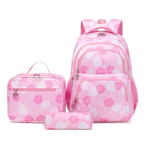 ZHIERNA Daisy Backpack for Girls Toddler Tie Dye Bookbag with Lunch Bag Preschool Simple Modern Backpack School 3pcs Set, Lightweight Elementary Book bag Girl?Pink?