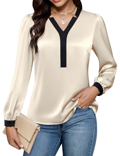 Blooming Jelly Women Business Casual Tops Silk Dressy Blouses Color Block Long Sleeve Shirt Fall Work Outfit 2025