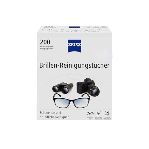 ZEISS Brillen-Reinigungstücher mit Alkohol 200 Stück zur schonenden & gründlichen Reinigung Ihrer Brillengläser - jedes Tuch einzeln verpackt - ideal für unterwegs oder auf Reisen