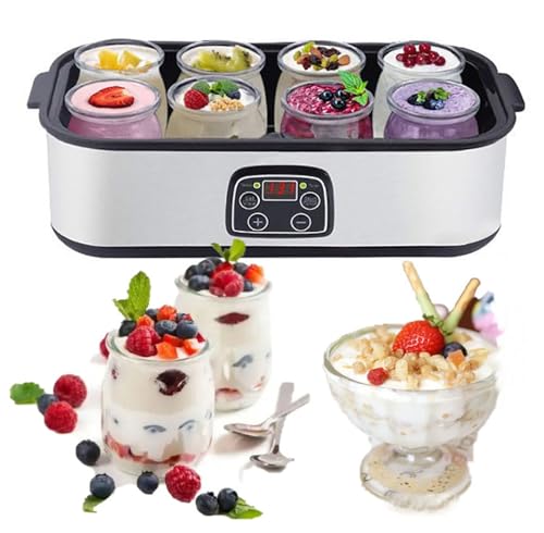 GYLFZDQ Yogurtera automática Ultimate de 1400 ml con 8 recipientes de Vidrio de 180 ml, Control de Temperatura y Tiempo Ajustables, Yogur probiótico con Pantalla LCD Silver,1400ML