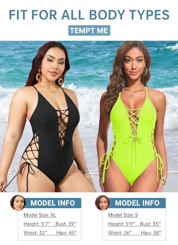 Image of Women Sexy Lace Up One Piece Swimsuit Plunge V Neck High Cut Bathing suits | Deep V, Padded bra, Open back, Cheeky, Texture, Swimwear