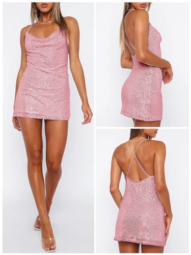 Women's Sequin Sparkly Glitter Dress Sexy Sleeveless Backless Spaghetti Strap Party Club Bodycon Mini Dress4