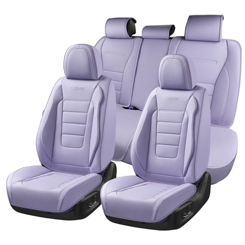 Image of Coverado Car Seat Covers Full Set, Nappa Leather Seat Covers for Cars, Car Seat Protector Car Seat Cushion, Front and Back Seat Protectors Cushions Universal Fit for Most Cars Vehicles(Purple)