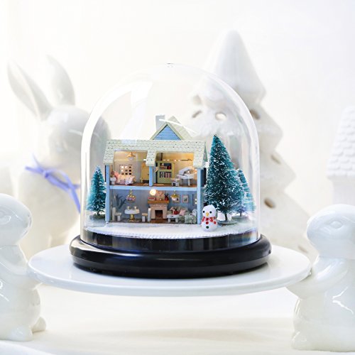 DIY-Set Miniatur-Puppenhaus mit transparenter Kuppel, Holz, Modell einer Schneehütte mit Puppen, Kunststoff, LED-Licht… – Bild 3