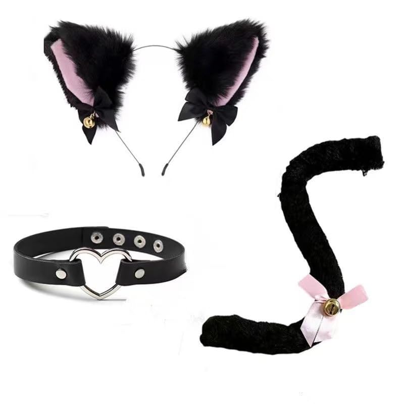 Juego de disfraz de gato de 3 piezas, diadema de orejas de gato negras con campanas, cola ajustable, gargantilla de cuero con corazón, disfraz elegante para mujeres y niñas, juego de rol, fiesta