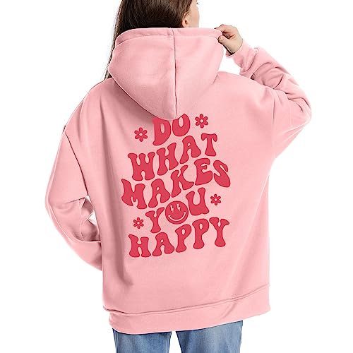 Tuislay Women Cute Graphic Oversized Hoodies Sweatshirts for Teen Girls Aesthetic Y2k Preppy Fleece Happy Hooded Pullover (Pink,L,Large)