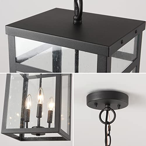 Smeike Large Outdoor Indoor Pendant Light 3-Light, Modern Outside Chandelier, Black Exterior Hanging Fixture Ceiling Mount With Seeded Glass Shade For Front Porch Entrance Foyer #TOP7