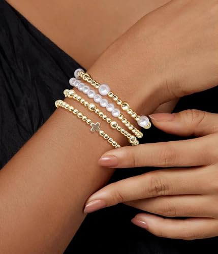 BOMAIL Gold Beaded Bracelets for Women Trendy Non Tarnish Gold Bracelet Stack 14K Gold Plated Pearl Bead Bracelets Cross Bracelets Set Stackable Stretch Beads Bracelet3