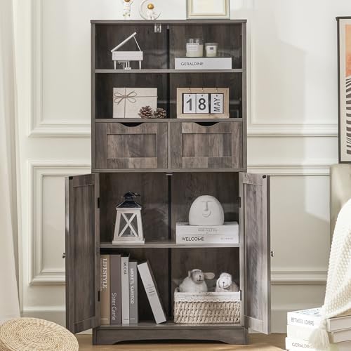 Image of Iwell Tall Storage Cabinet with 2 Drawers & Adjustable Shelf, Bathroom Cabinet with Doors, Kitchen Pantry Storage Cabinets, Cupboard for Living Room, Dining Room, Entryway, Rustic Gray