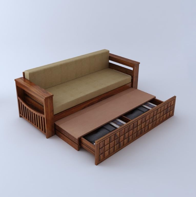 Image of Solid Sheesham Wood Sofa Cum Bed 2 Seater | Wooden Foldable Double Bed for Living Room with Headboard & Storage | Bed Cum Sofa with Mattress for Home | Diamond Design (Honey Finish)