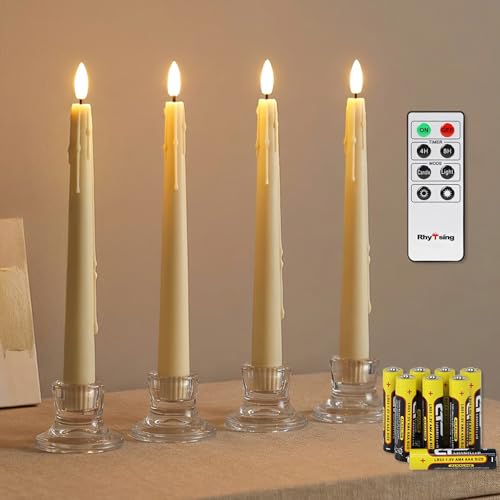 Image of Rhytsing 9.6 inches Natural White Flameless Taper Candle with Remote, Battery Operated Led Dinner Candles with Timer, Wax Dripping Design, 8 Batteries Included - Set of 4