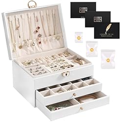 Cajones Con Joyeros SAMISO Joyeros Mujer Organizador,Caja Joyero de 3 Niveles,con Cajones y Cerradura, Joyero Organizador de Viaje de Cuero PU para Pulseras, Pendientes,Anillos,Collares,Relojes,Blanco