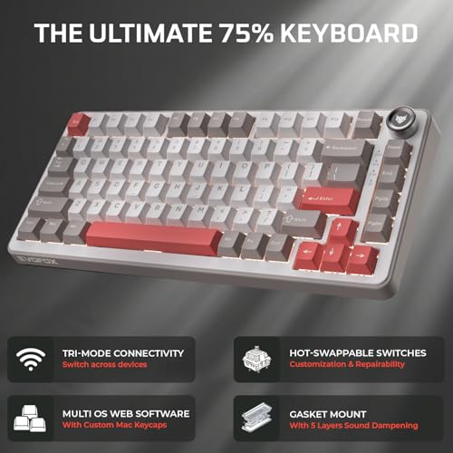 Image of EvoFox Ronin X75 Tri-Mode Wireless Mechanical Keyboard| Gasket Mount, 5 Layer Sound Dampening, Hot Swap GTMX White Linear Switches,1000Hz Polling, Programmable, Muliti OS Web Software, Mac Key Caps